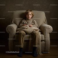 Young boy sitting quietly in cozy beige armchair