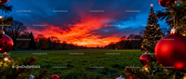 Christmas Tree and Ornaments at Sunset in Open Park