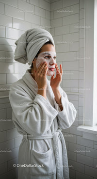 Woman in Bathrobe Applying Face Mask for Skincare Routine