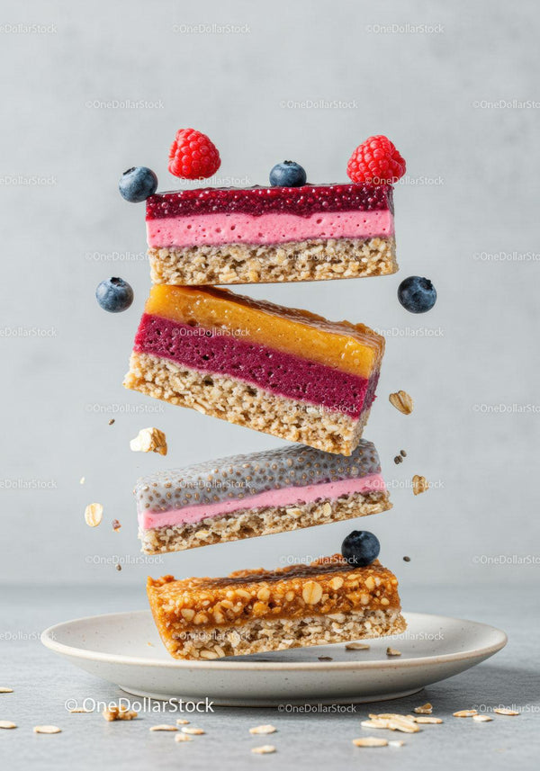 Stack of colorful layered fruit and nut bars with berries