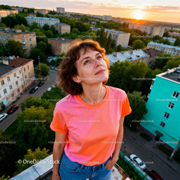 Młoda kobieta w kolorowej koszulce podziwiająca zachód słońca