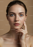 Young Woman with Clear Skin and Bright Blue Eyes in Beauty Portrait