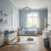 Bright Blue and White Children's Bedroom with Cozy Play Area