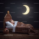 Little girl sleeping in chocolate themed cozy bed at night