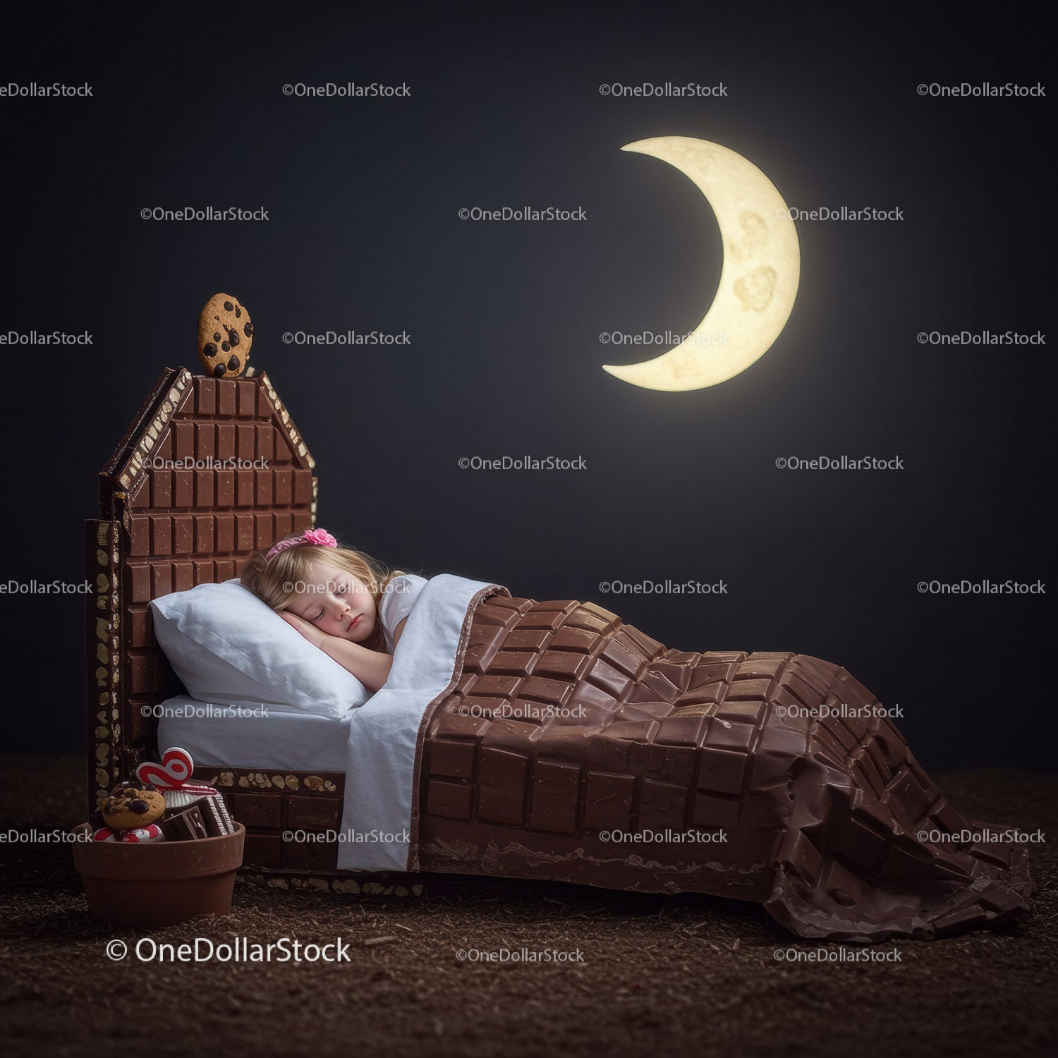 Little girl sleeping in chocolate themed cozy bed at night