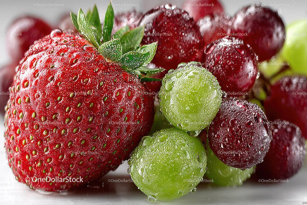 Close-up of Fresh Strawberries and Green Grapes with Water Droplets