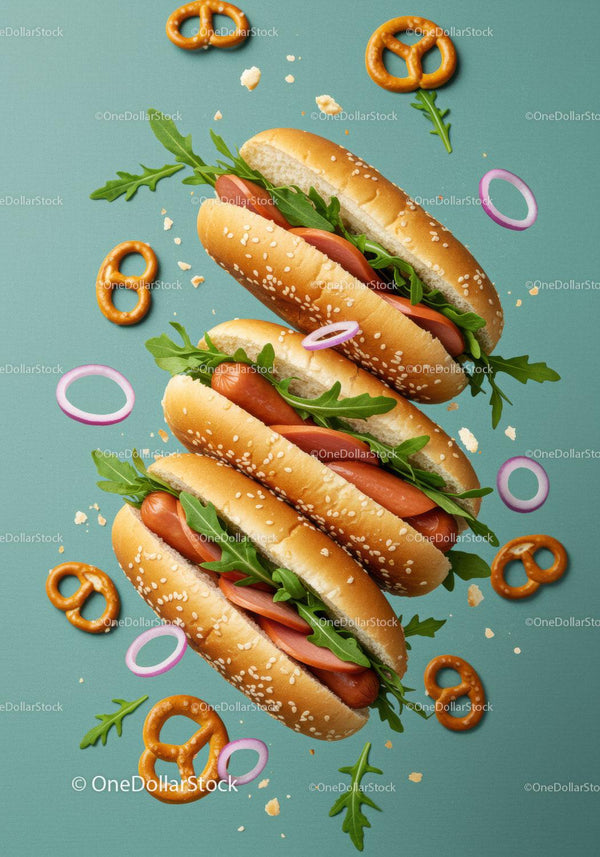 Fresh hot dogs with arugula and pretzels on blue background