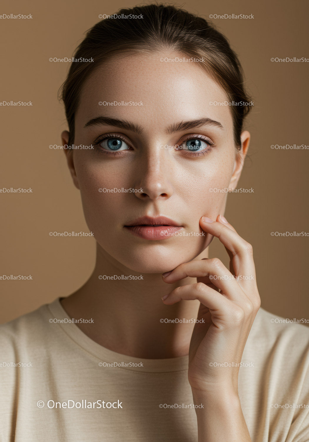 Portret młodej kobiety z niebieskimi oczami i naturalnym makijażem