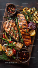 Grilled Salmon with Vegetable Skewers and Spicy Dipping Sauce