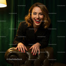 Confident Smiling Woman in Stylish Attire Sitting on Leather Sofa