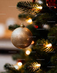 Gold Glitter Christmas Ornament Hanging on Pine Tree