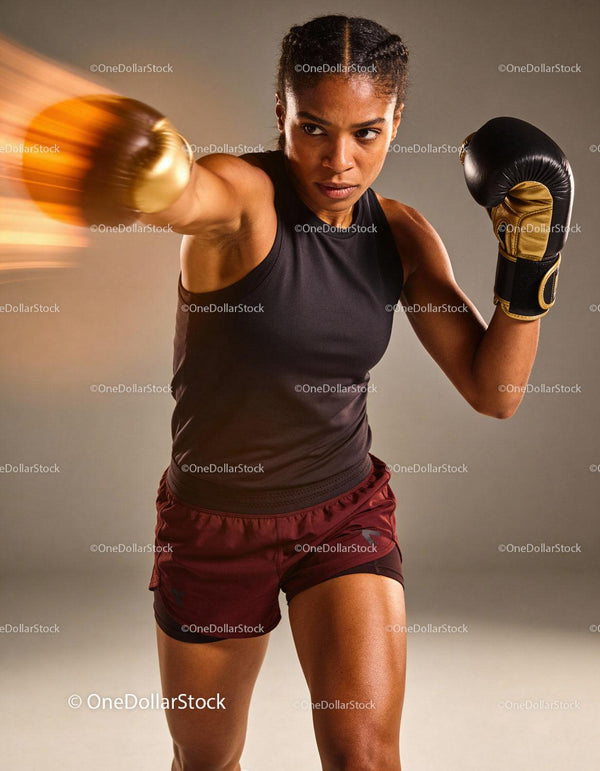 Focused female boxer delivering a powerful punch