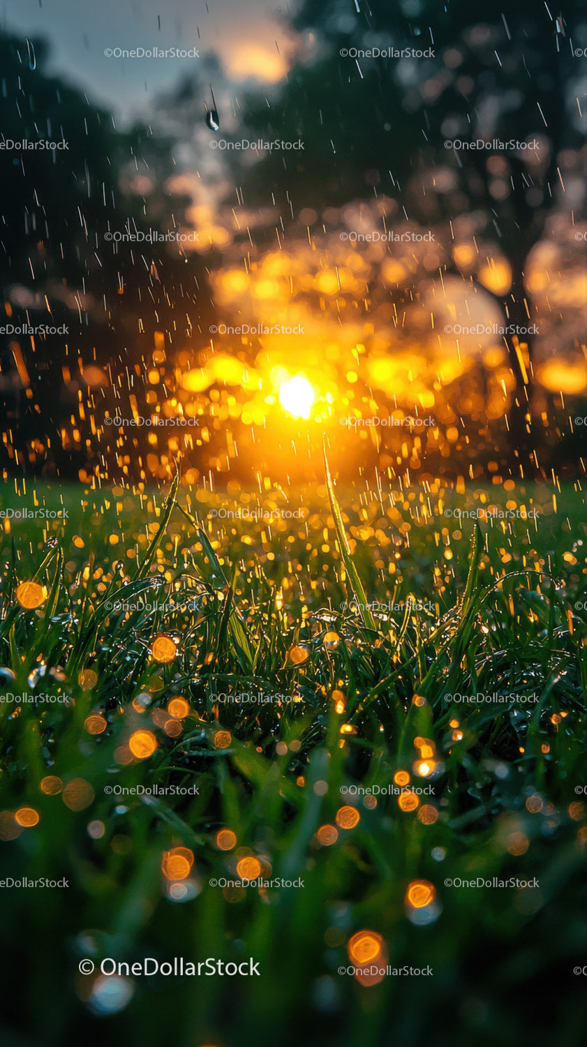 Deszczowy krajobraz ze świecącymi kroplami rosy i efektami bokeh