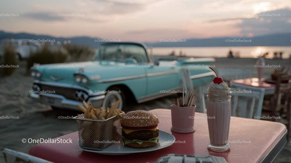 Vintage Car and Relaxed Beachside Dining Scene with Burgers and Milkshake