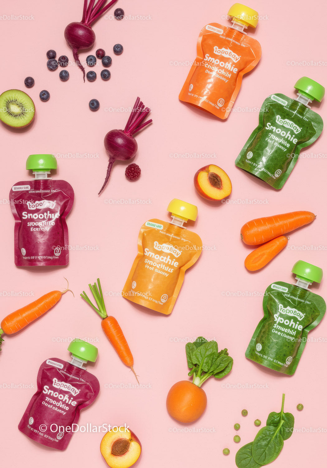 Variety of colorful smoothie pouches with fresh fruits and vegetables