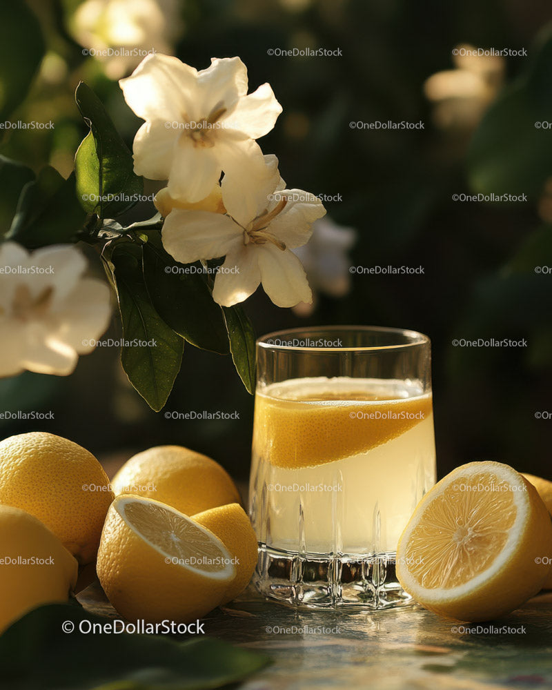 Fresh Lemons and Lemonade Glass with Citrus Fruits in Sunlight