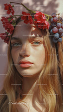 Young Woman with Red Floral Crown and Purple Grapes Outdoor Portrait