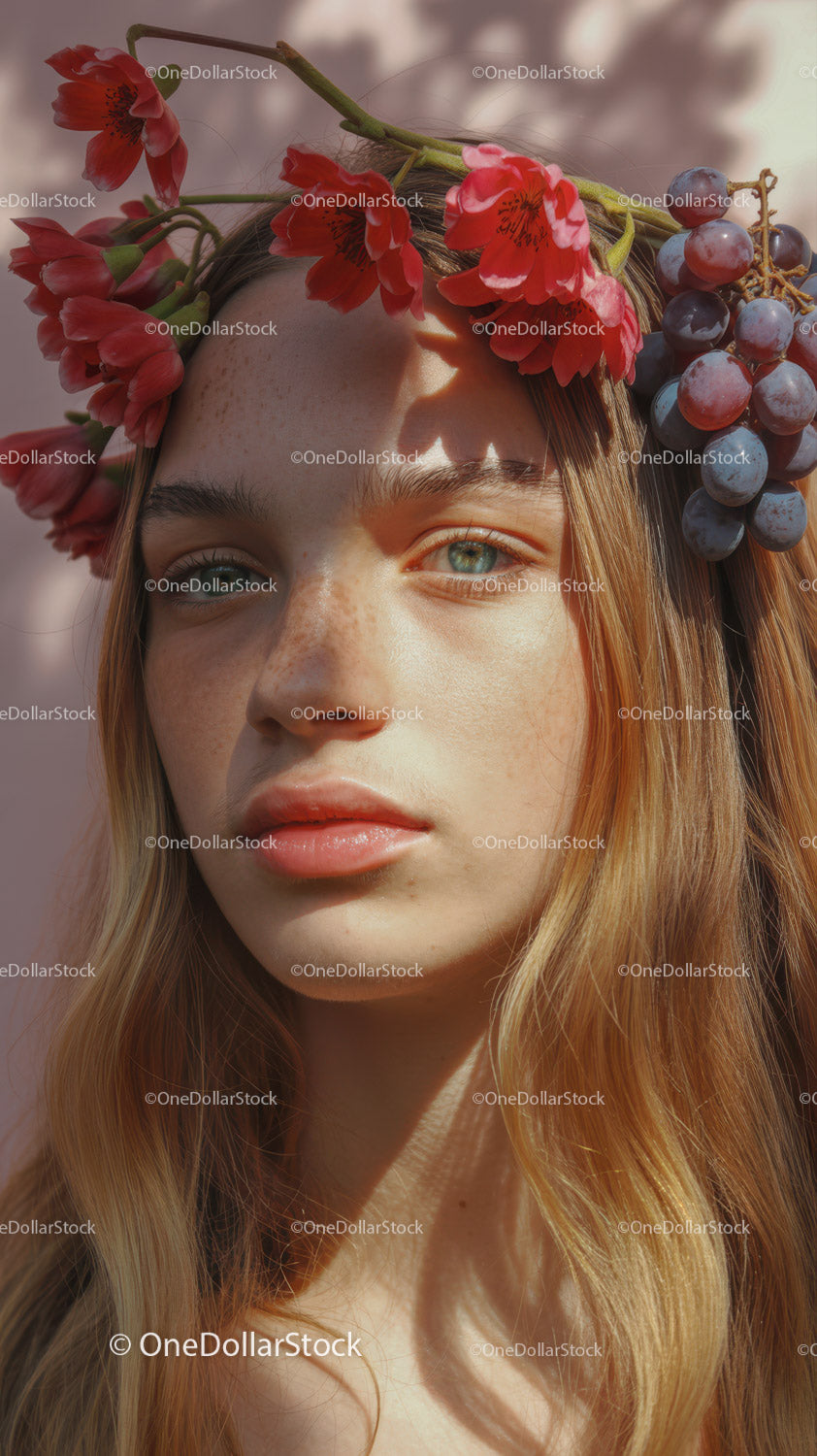 Young Woman with Red Floral Crown and Purple Grapes Outdoor Portrait