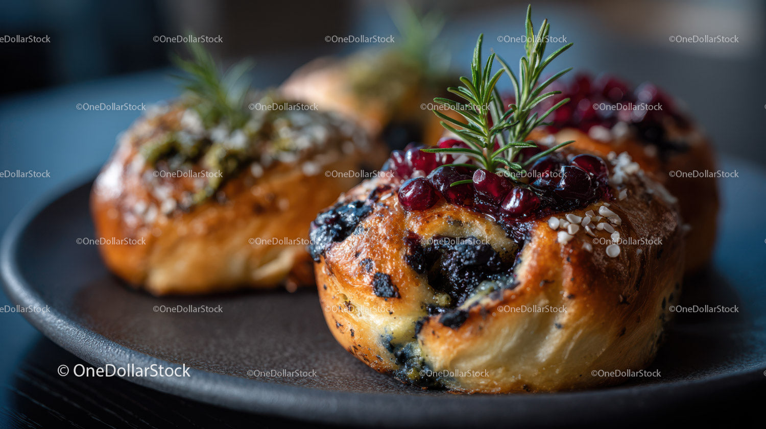 Blueberry Pastries with Red Currants and Herbs in Close-Up