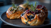 Blueberry Pastries with Red Currants and Herbs in Close-Up