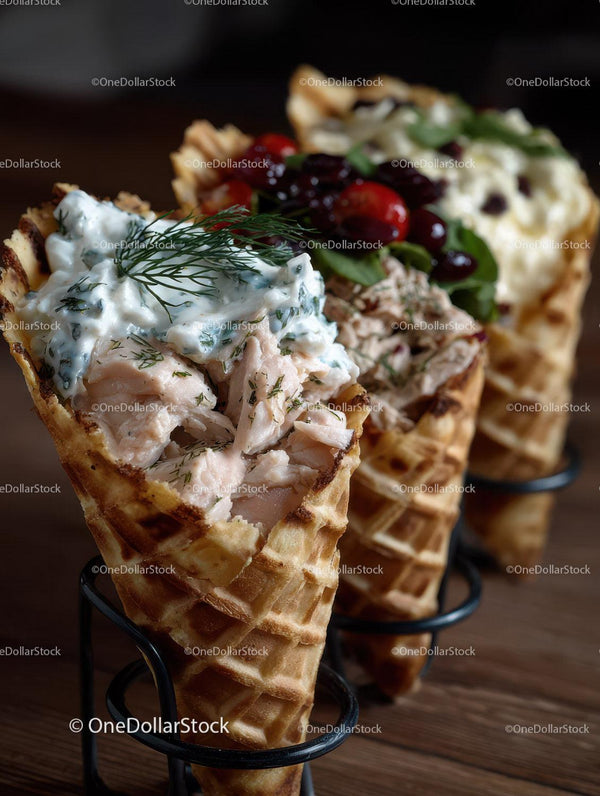 Assorted Fish Salad in Waffle Cones with Fresh Cherry Berries and Greens