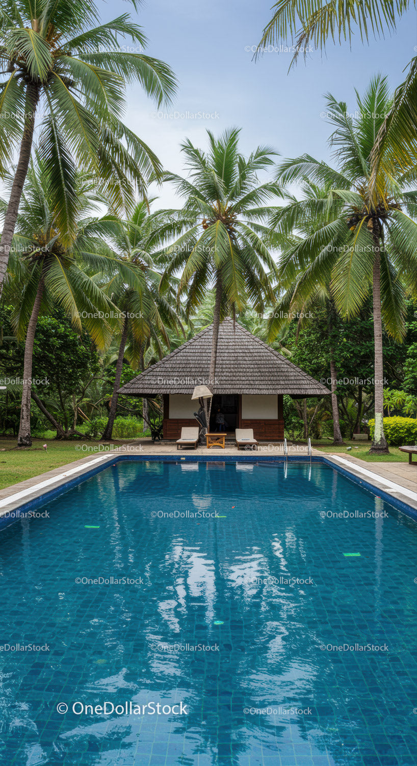 Luxurious Tropical Poolside Retreat with Coconut Palms and Relaxation Area