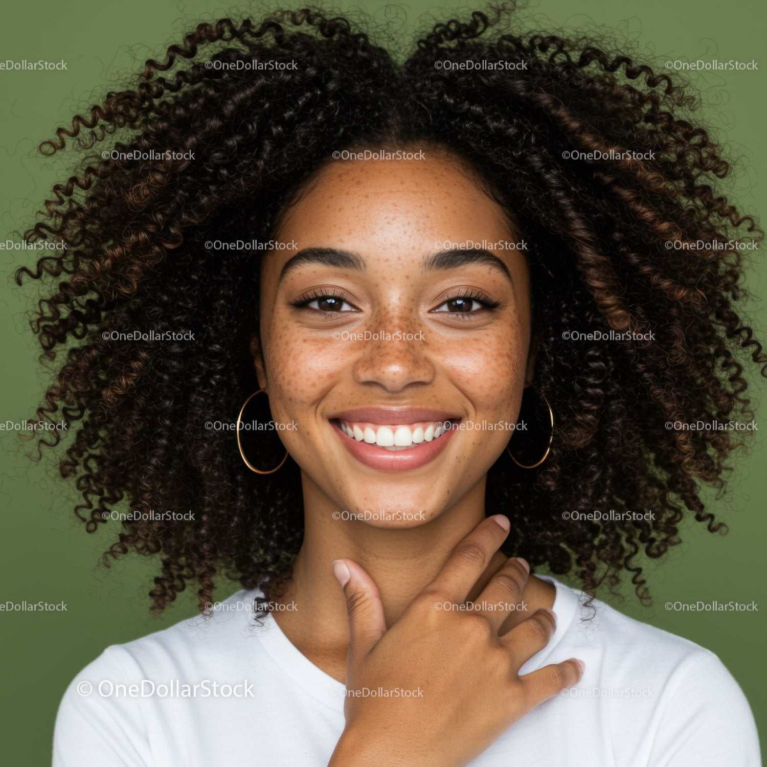 Smiling African American Woman with Curly Hair and Freckles in Bright Pose
