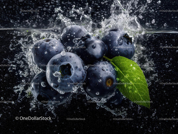 Fresh Blueberries Splash with Water and Green Leaf