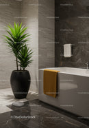 Modern Bathroom with Green Plant and Elegant Marble Tiles