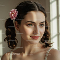 Portrait of a Young Woman with Green Eyes and Pink Flower Hair Accessory