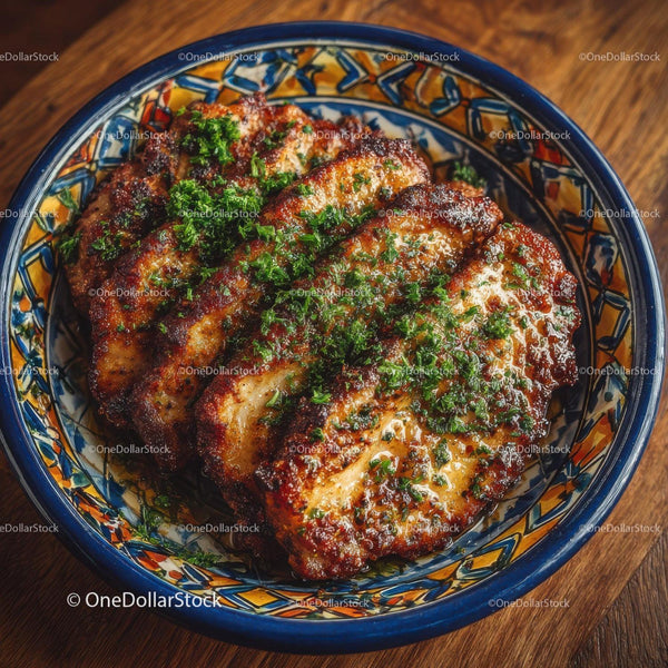 Herb Garnished Grilled Meat in Decorative Ceramic Bowl