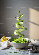 Fresh cucumber ribbons with herbs in rustic bowl