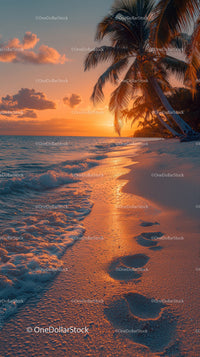 Tropical Beach with Palm Trees and Sunset Over Ocean