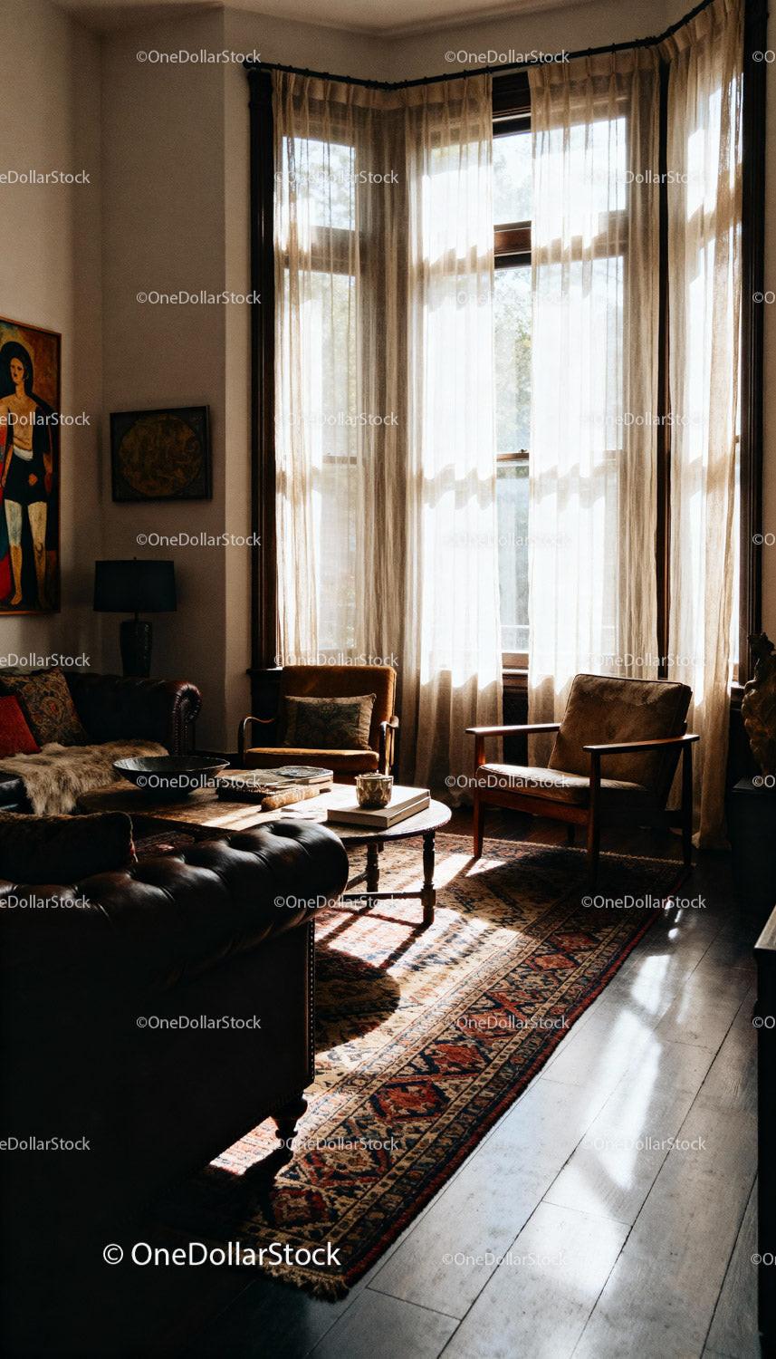 Cozy Vintage Living Room with Soft Sunlight Streaming In