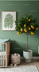 Lemon Tree in Modern Cozy Interior with Green Wall and Decor