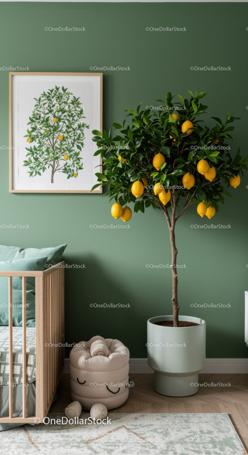 Lemon Tree in Modern Cozy Interior with Green Wall and Decor