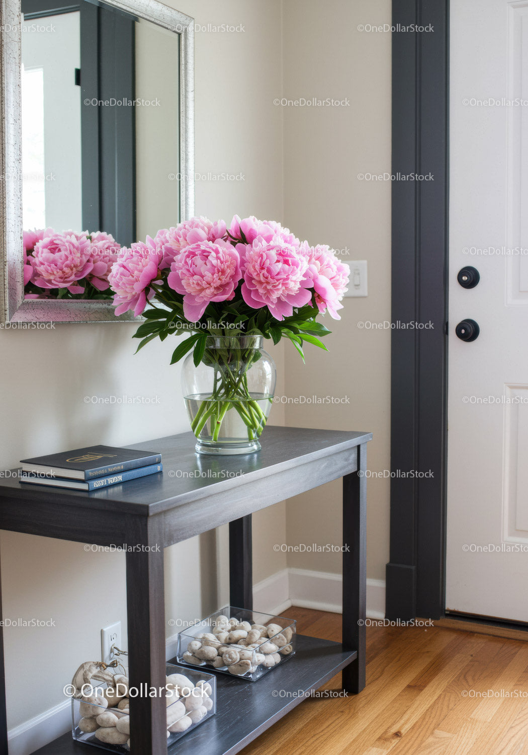 Pink Peony Flower Arrangement on Modern Console Table in Home Interior