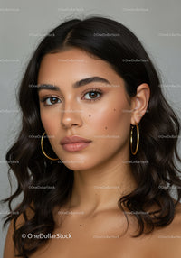 Elegant Woman Portrait with Brown Eyes and Gold Hoop Earrings