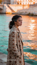 Young woman in patterned coat by the riverside at sunset