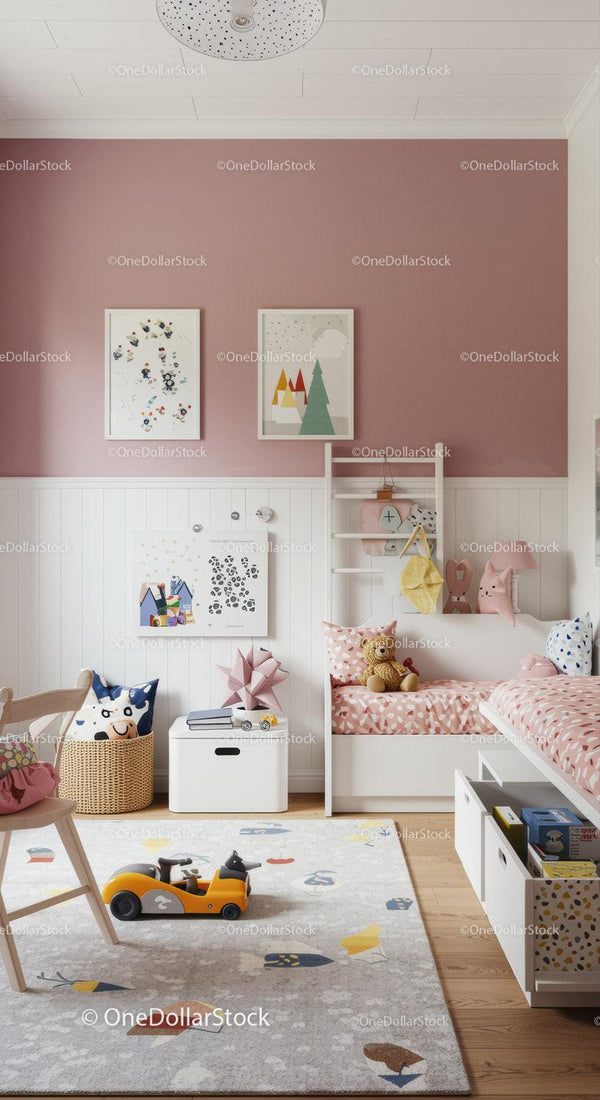 Childrens Bedroom with Pink Wall and Playful Decor