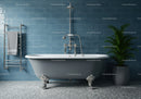 Vintage clawfoot tub in stylish blue tiled bathroom