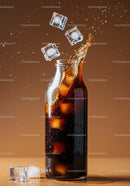 Glass bottle with cold soda and ice cubes splash