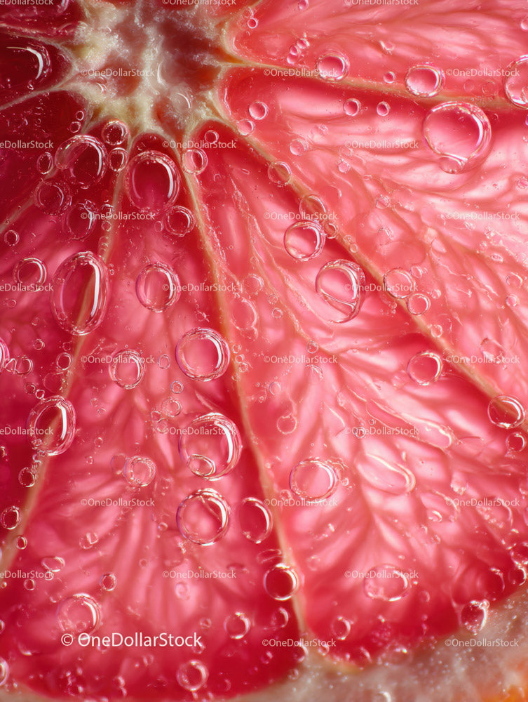 Close-up of Pink Grapefruit Slice with Bubbles for Fresh Food Commercial