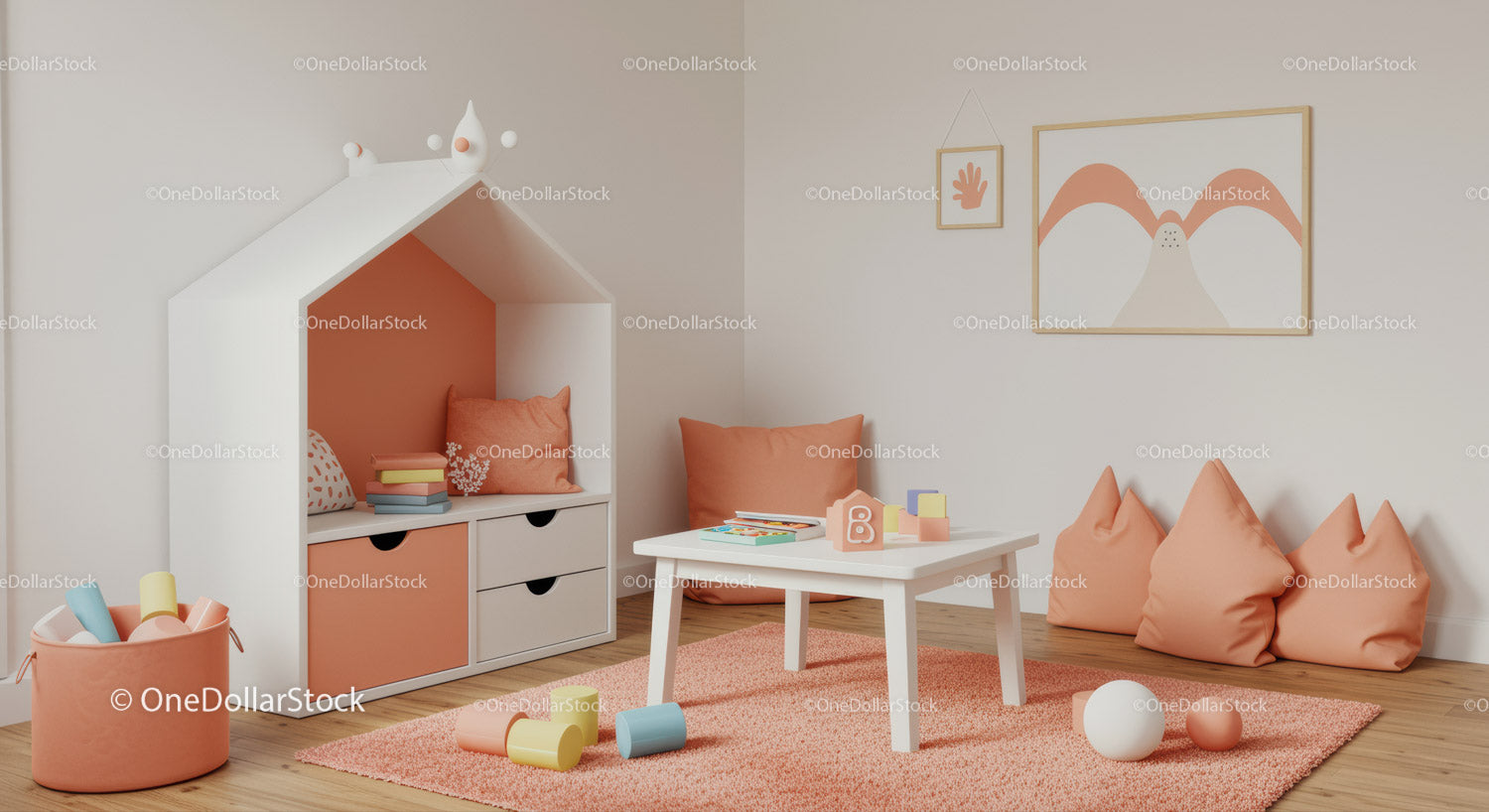 Stylish Children's Playroom with Soft Pastel Decor and Comfortable Seating