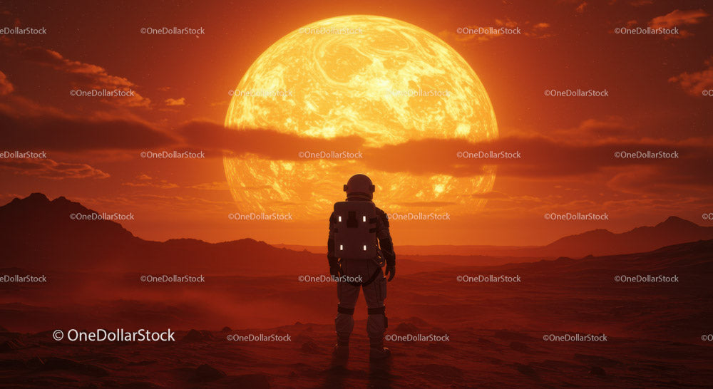 Astronauta patrzący na ogromne słońce w obcym krajobrazie