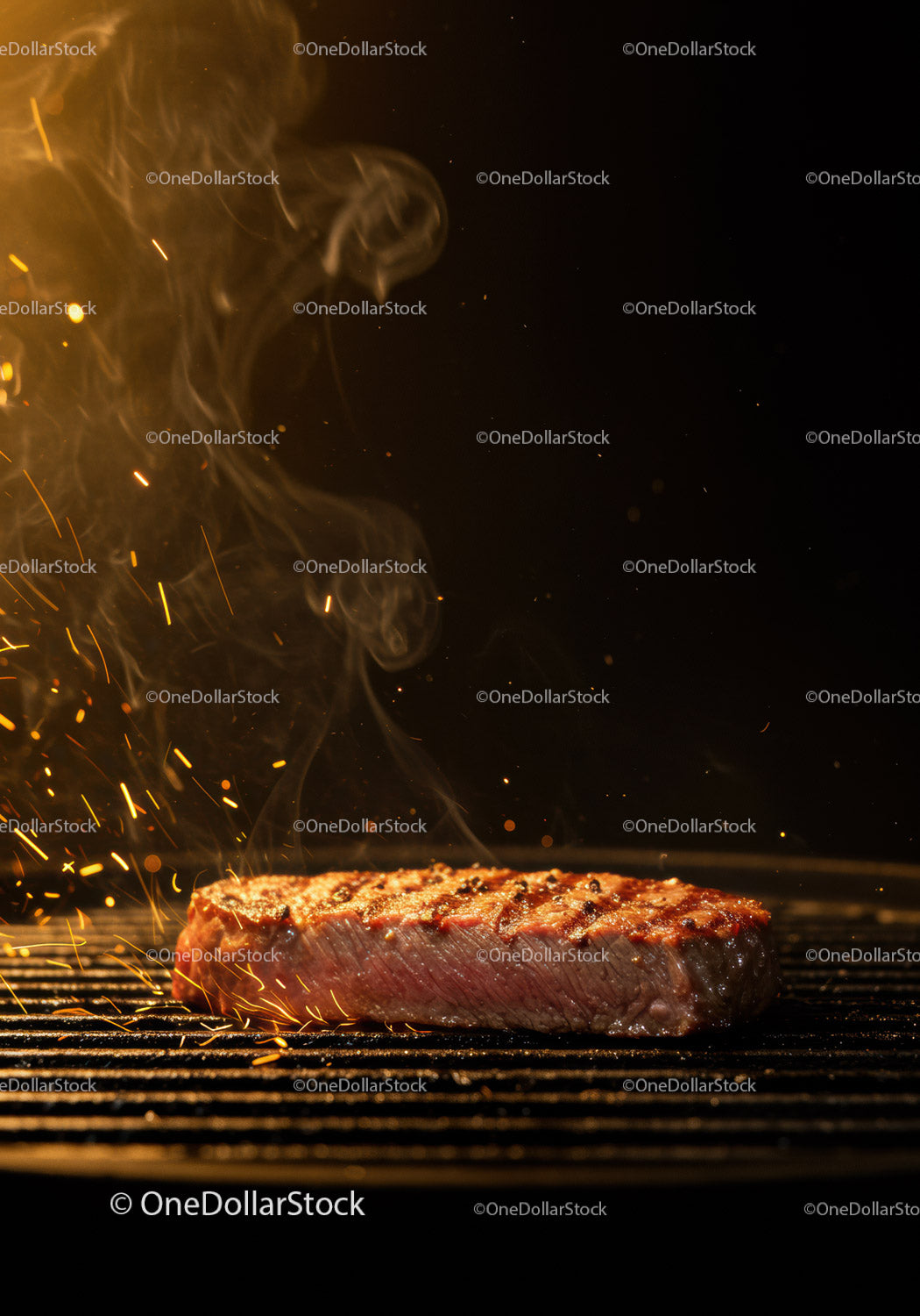 Juicy steak grilling with flames and smoke at night