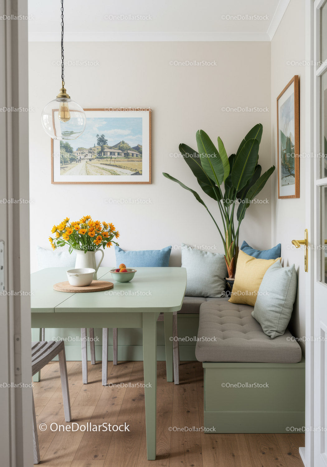 Bright Cozy Kitchen Corner with Green Cushioned Nook and Large Houseplant