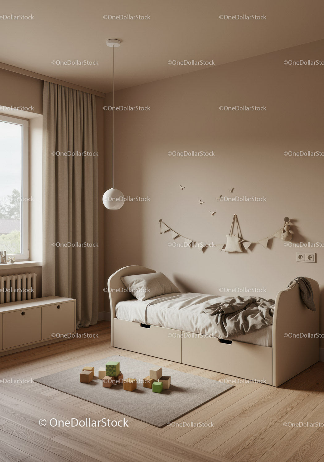 Cozy Minimalist Children's Bedroom with Wooden Flooring and Soft Decor