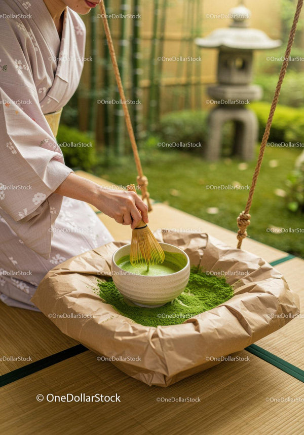 Kobieta Przygotowująca Tradycyjną Herbatę Matcha w Japońskim Ogrodzie