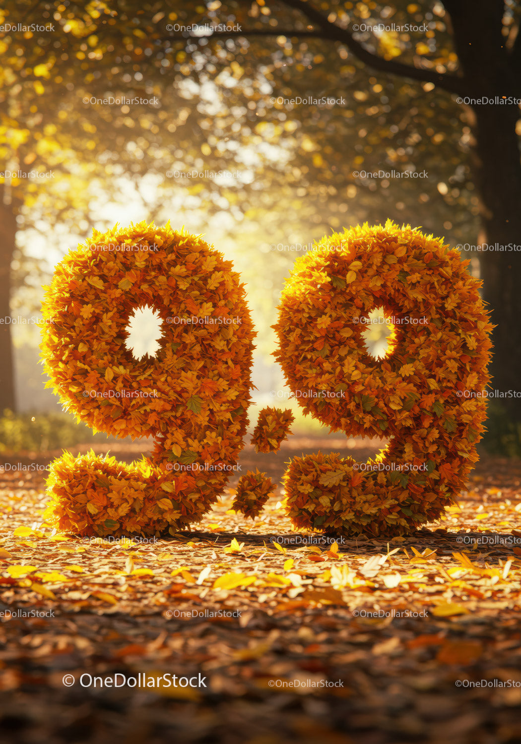 Autumn Leaves Forming 9.9 Symbol in Sunlit Forest